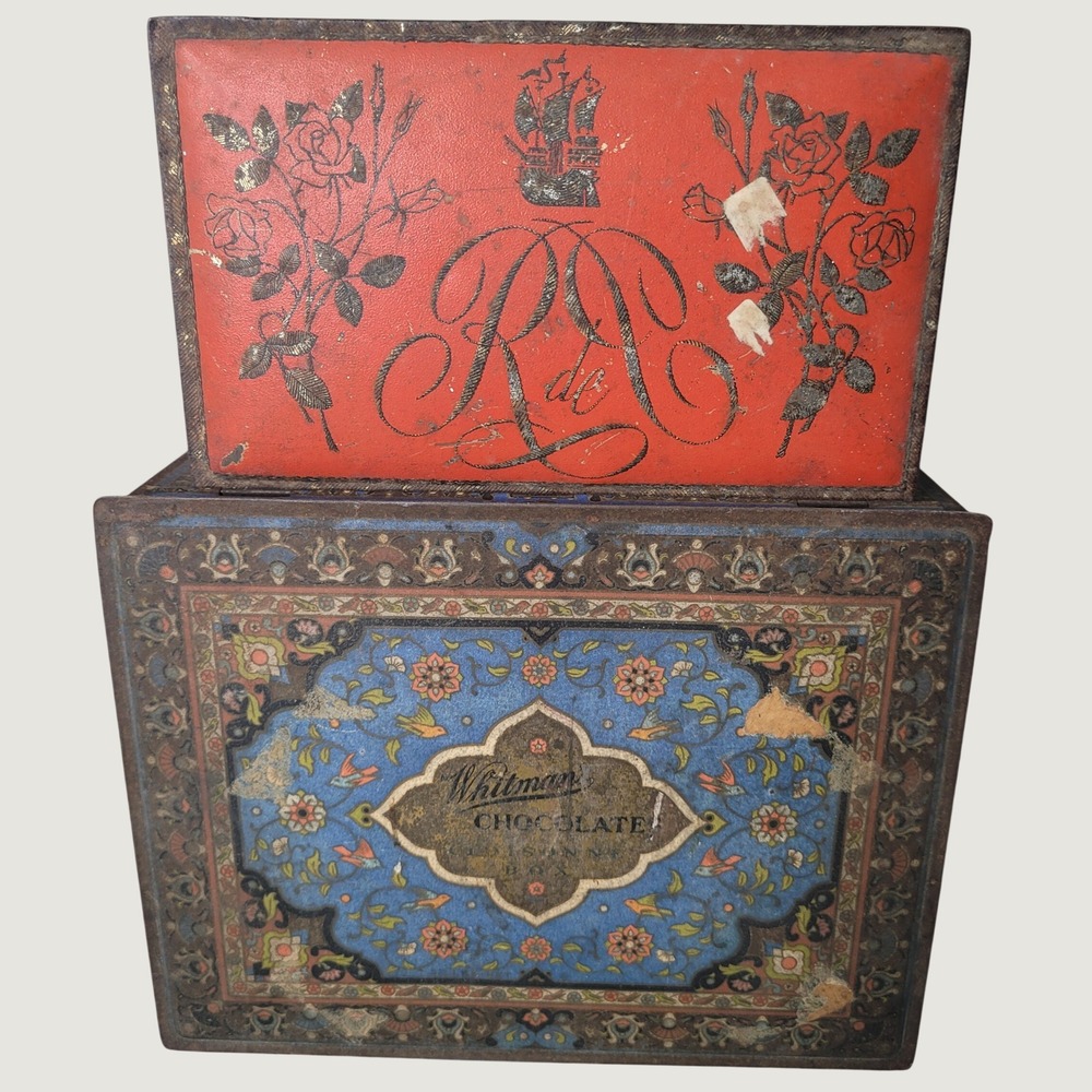 Vintage Whitman's Chocolate Cloisonne Box & Rosemarie de Paris Tin Set Antique